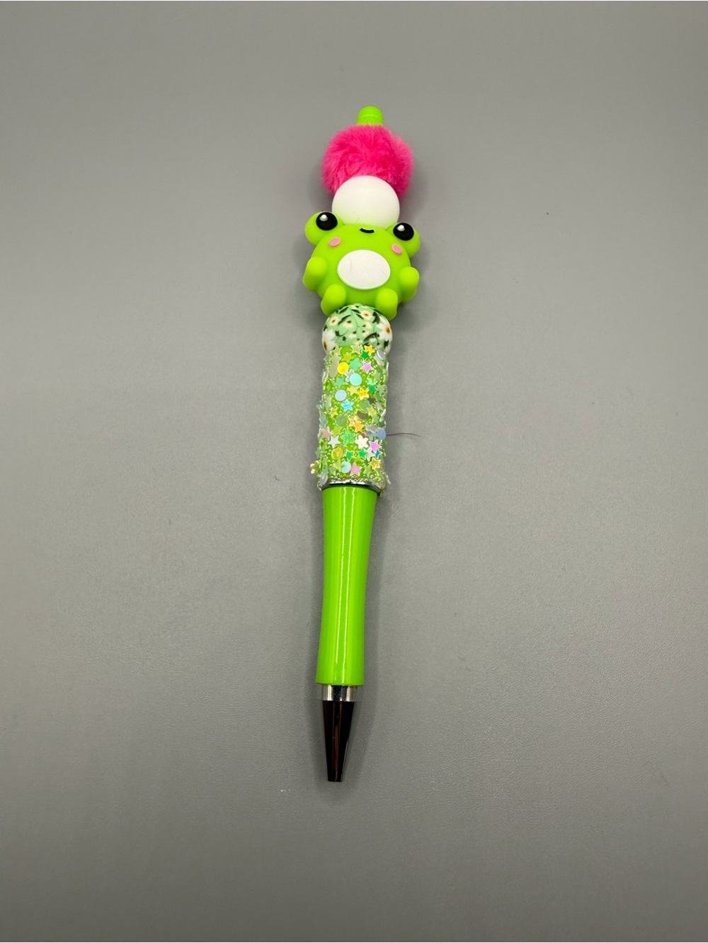 Cute Green Frog Novelty Pen with Pink Pom Pom  - Handmade #O0152C